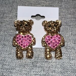 Gold Teddy Bear Earrings w/ Pink Heart | Cute Statement Earrings | NWOT